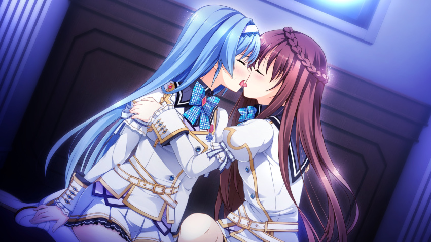 1boy, 1girl, blue_hair, blush, breasts, brown_hair, closed_eyes, crossdressinging