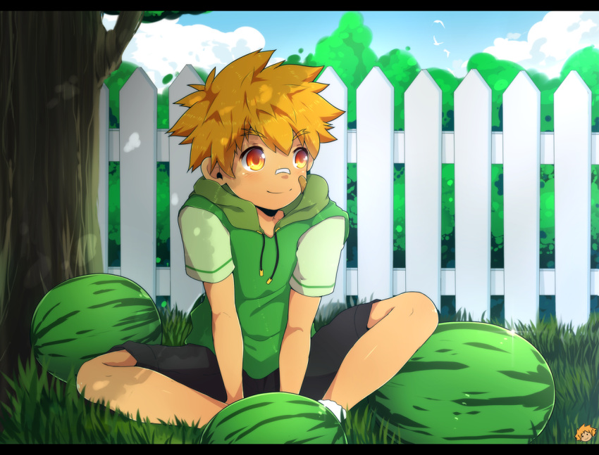 1boy, bacchikoi!, blonde_hair, blue_sky, child, clouds, fence, food, fruit, grass, hood, hoodie, male_focus, mikkoukun, outdoors, shirt, short_hair, shorts, sitting, sky, smile, socks, solo, summer, t-shirt, tree, watermelon, yanai_ichiru, yellow_eyes