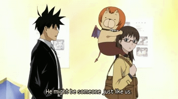 1boy, 1girl, akutabe, animated, animated_gif, azazel, black_hair, brown_hair