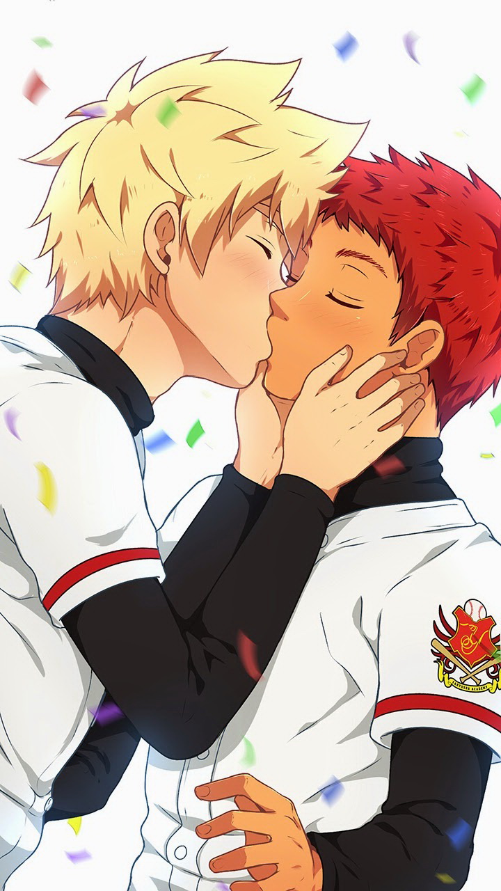 2boys, bacchikoi!, blonde_hair, blush, child, closed_eyes, kanada_toshu, kiss, male_focus, mikkoukun, multiple_boys, redhead, short_hair, simple_background, yanai_ichiru, yaoi