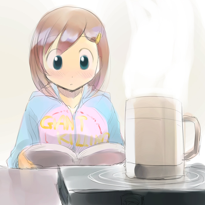 book, brown_hair, cup, hair_ornament, hairclip, hoodie, hotplate, ikeda_jun