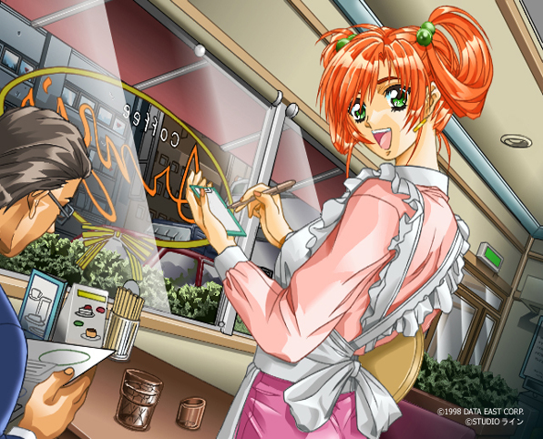 1girl, apron, doukoku_soshite, game_cg, hatori_itsumi, redhead, twintails, waitress