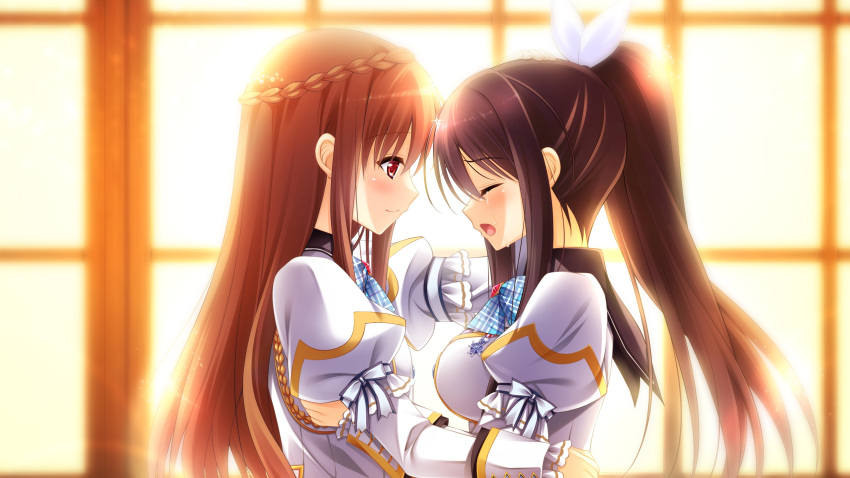 1boy, 1girl, blue_hair, blush, breasts, brown_hair, closed_eyes, crossdressinging