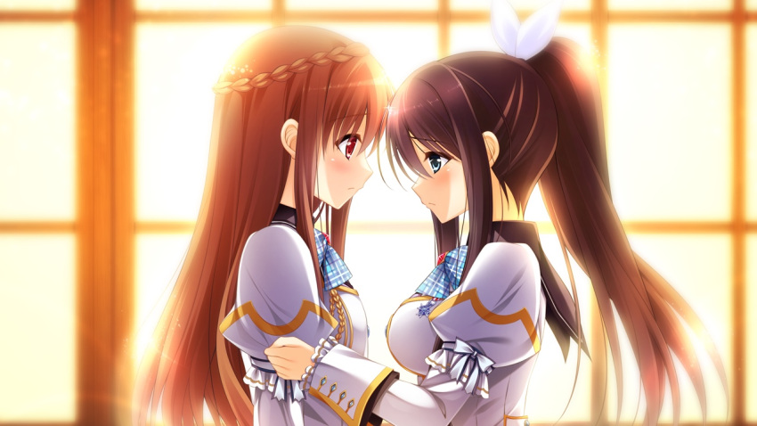 1girl, blue_eyes, blue_hair, blush, breasts, brown_hair, crossdressinging, game_cg
