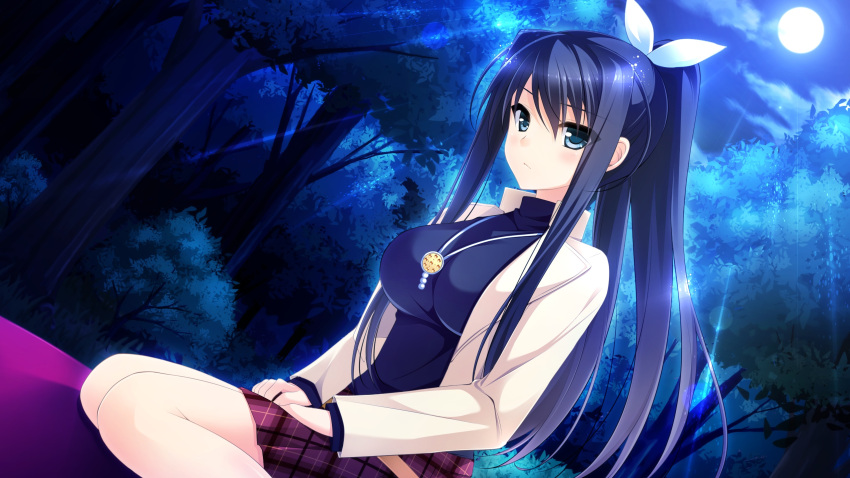 1girl, blue_eyes, blue_hair, blush, breasts, clouds, collar, forest