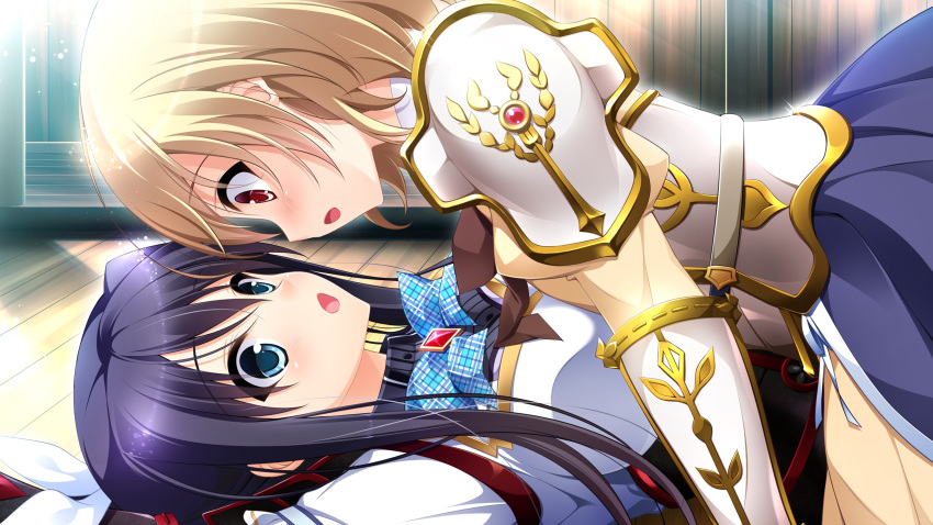 1boy, 1girl, blonde_hair, blue_eyes, blush, breasts, cleavage, crossdressinging