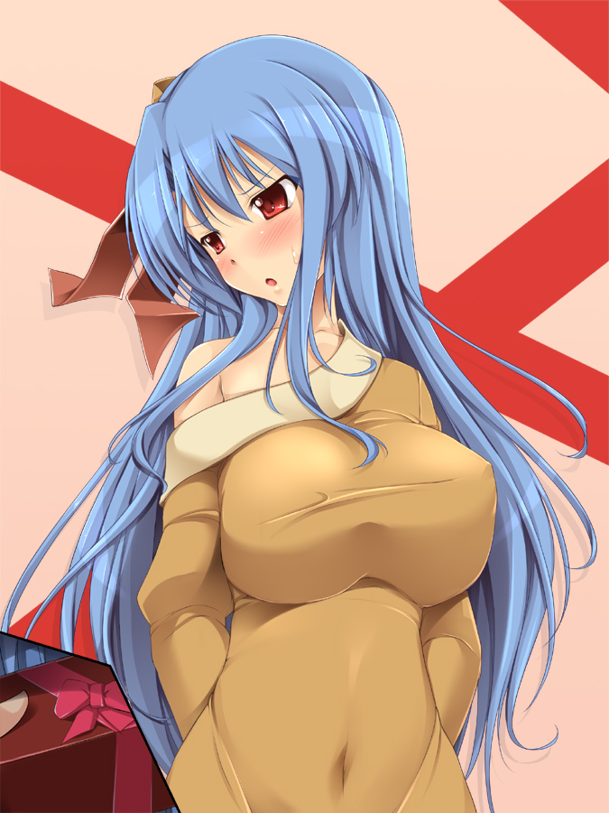 blush, breasts, erect_nipples, fct, gift, huge_breasts, impossible_clothes, impossible_shirt