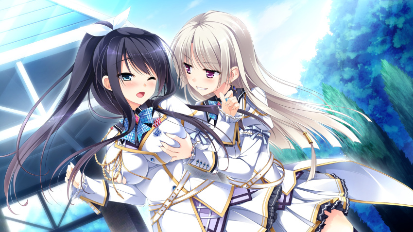 2girls, black_hair, blue_eyes, bow, bowtie, breast_grab, breasts, brown_hair