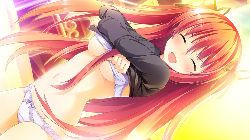 1girl, angry, blush, bra, breasts, closed_eyes, game_cg, hair_ribbon