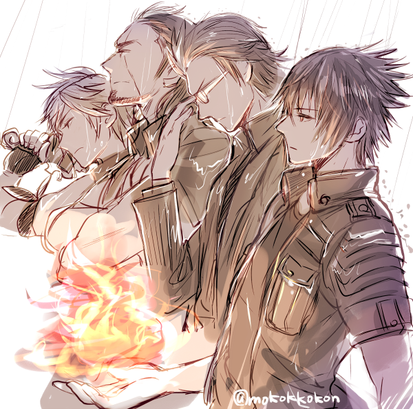 4boys, final_fantasy, final_fantasy_xv, fire, gladiolus_amicitia, glasses, gloves, gun