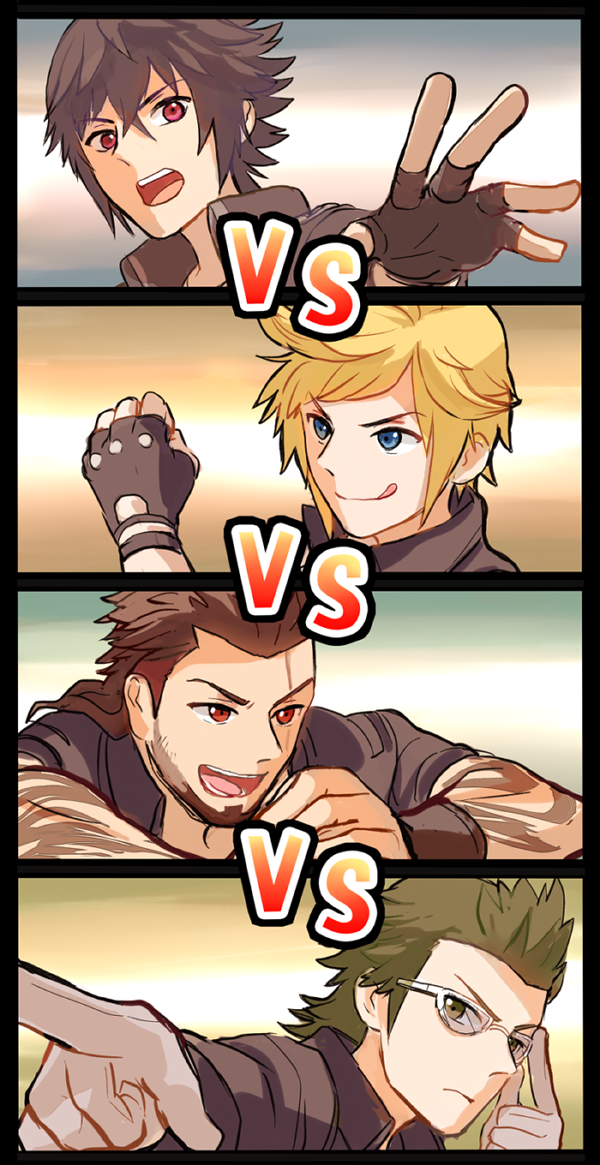 4boys, beard, black_hair, blonde_hair, brown_hair, cut_in, facial_hair, final_fantasy
