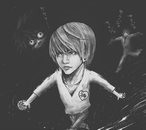 creepy, death_note, l, mikami_teru, monochrome, translated, translation_request, yagami_light
