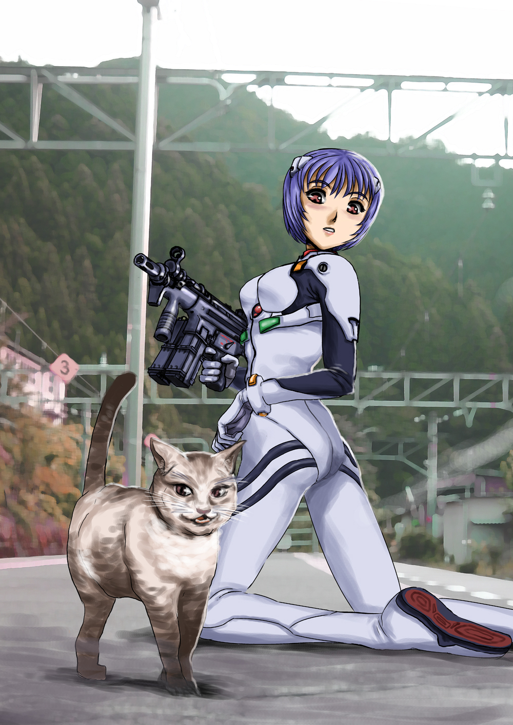 1girl, ass, ayanami_rei, blue_hair, bodysuit, breasts, cat, from_behind