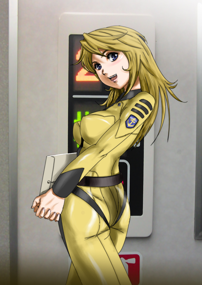 1girl, ass, blonde_hair, blue_eyes, bodysuit, envelope, long_hair, manila_envelope
