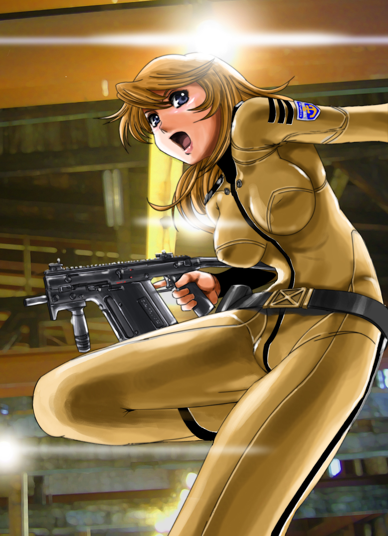 1girl, belt, blonde_hair, blue_eyes, bodysuit, breasts, gun, kriss_super_v