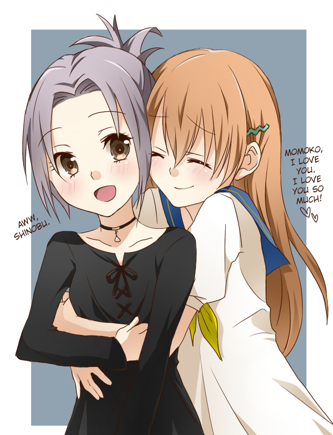 2girls, brown_eyes, choker, closed_eyes, collarbone, eyebrows_visible_through_hair, hair_ornament, handa_shinobu