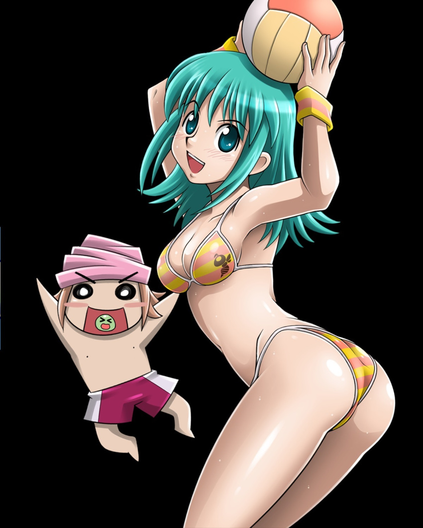 1boy, 1girl, ass, ball, bikini, breasts, brown_hair, cleavage