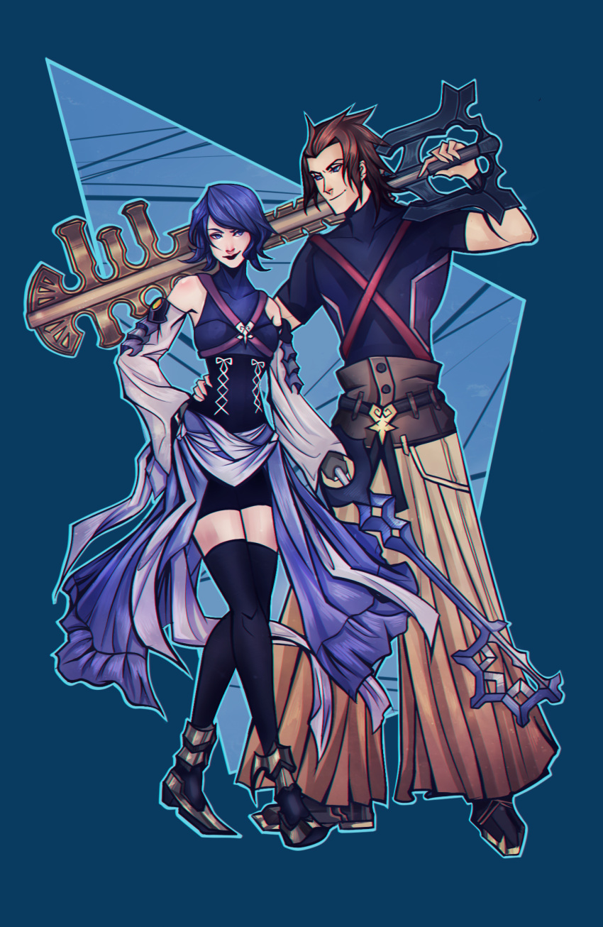 1boy, 1girl, aqua_(kingdom_hearts), arm_around_waist, armor, bare_shoulders, bike_shorts, blue_hair
