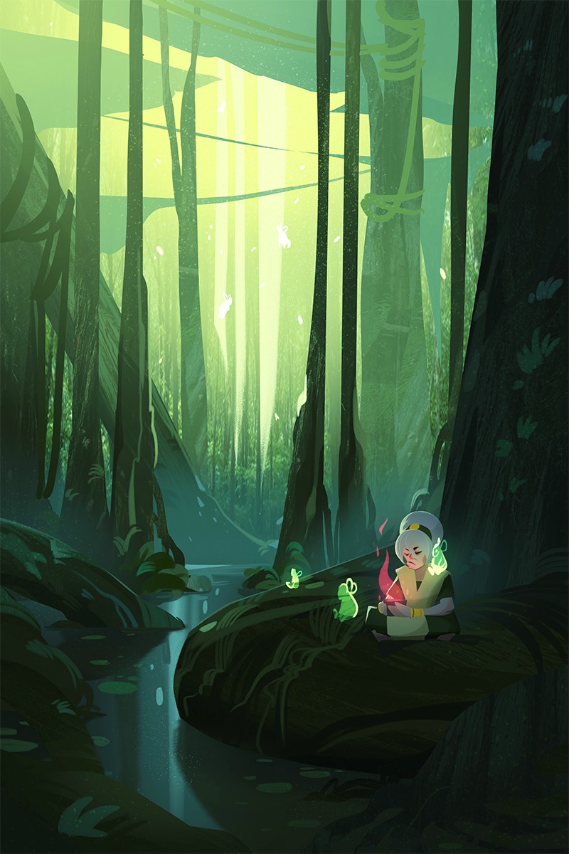 1girl, avatar:_the_last_airbender, avatar_legends, closed_eyes, forest, grandmother, grey_hair, hair_bun