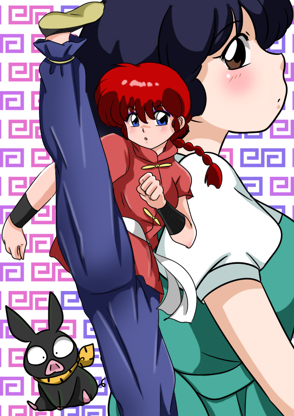 1boy, 2girls, blue_eyes, braid, genderswap, hibiki_ryouga, kicking, leg_up