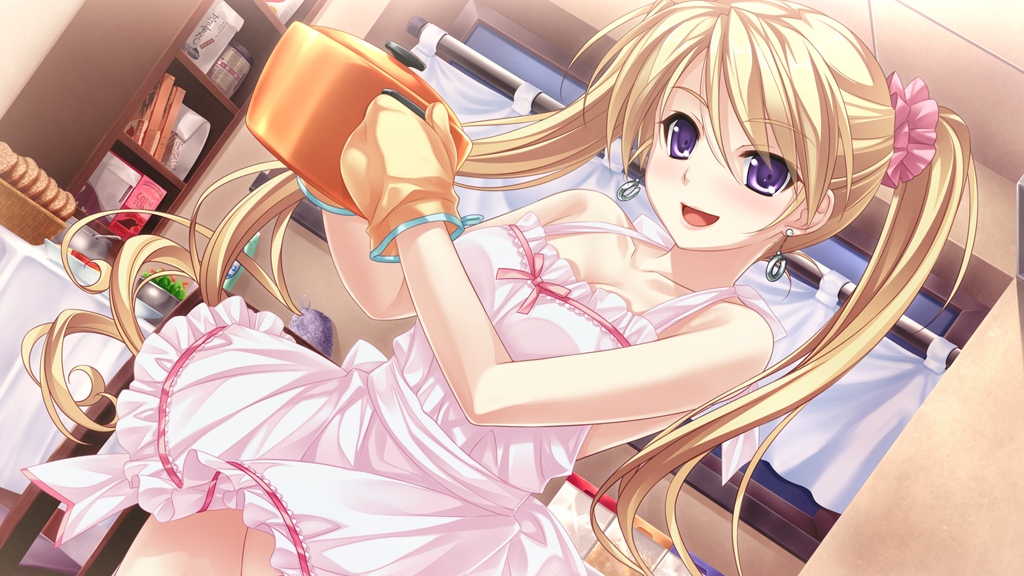 1girl, bare_shoulders, blonde_hair, collarbone, earrings, female, game_cg, gloves