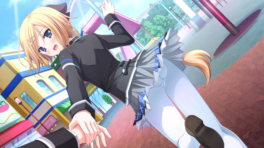 1girl, blonde_hair, blush, boots, bow, female, game_cg, hair_bow