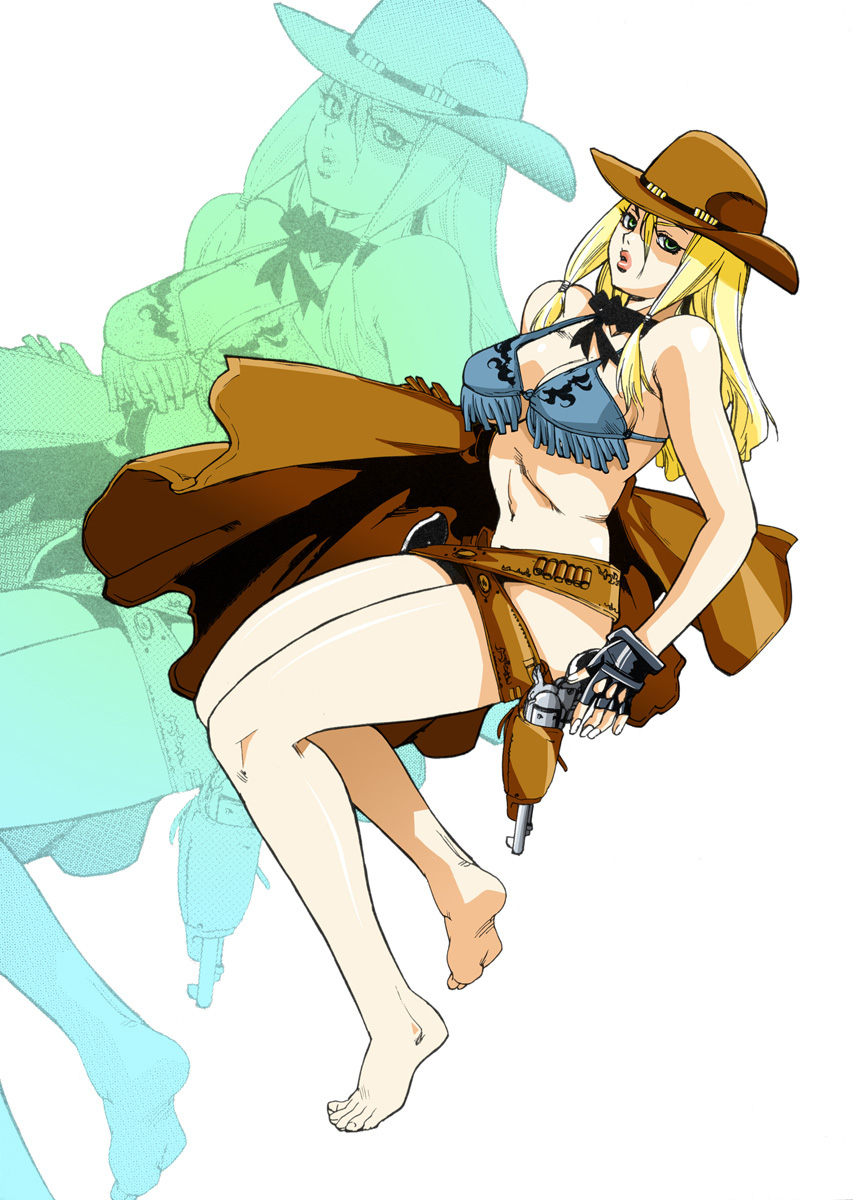 1girl, aiki_(manga), blonde_hair, breasts, cowboy, cowboy_hat, green_eyes, gun, handgun, hat, isutoshi, large_breasts, long_hair, metara, revolver, solo, weapon, western