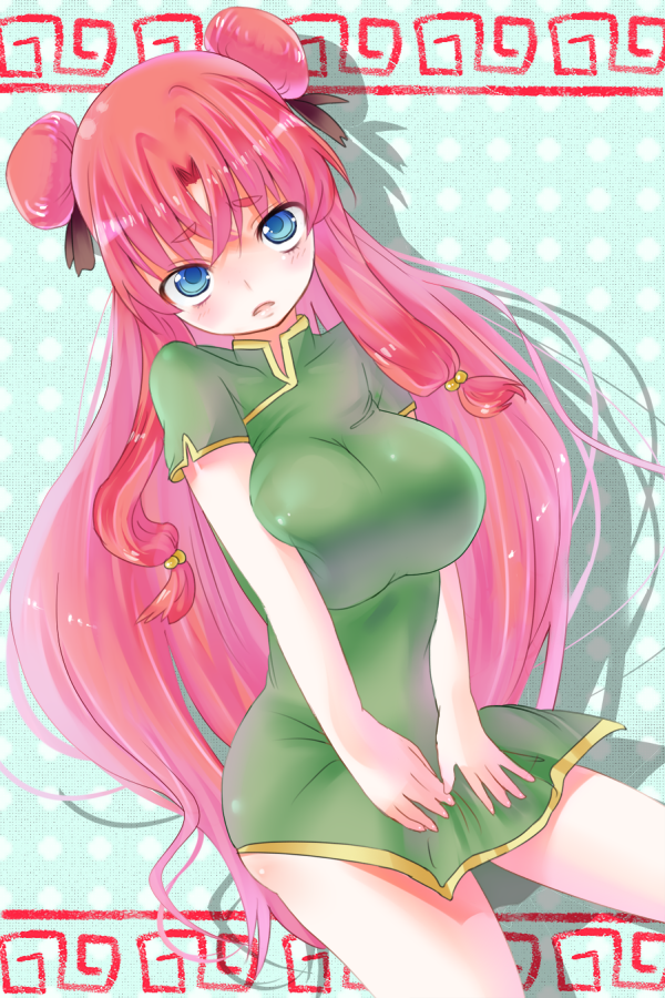 bad_id, blue_eyes, blush, breast_squeeze, breasts, china_dress, chinadress, chinese_clothes