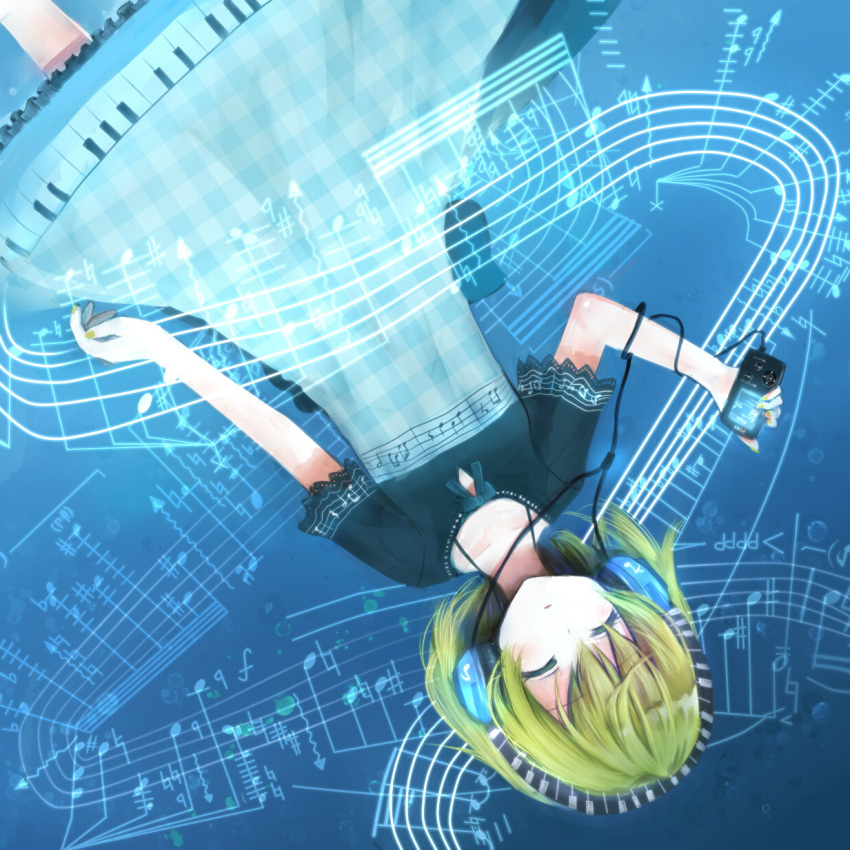 amamizu_(pixiv), blonde_hair, closed_eyes, digital_media_player, dress, headphones, highres, mp3_player