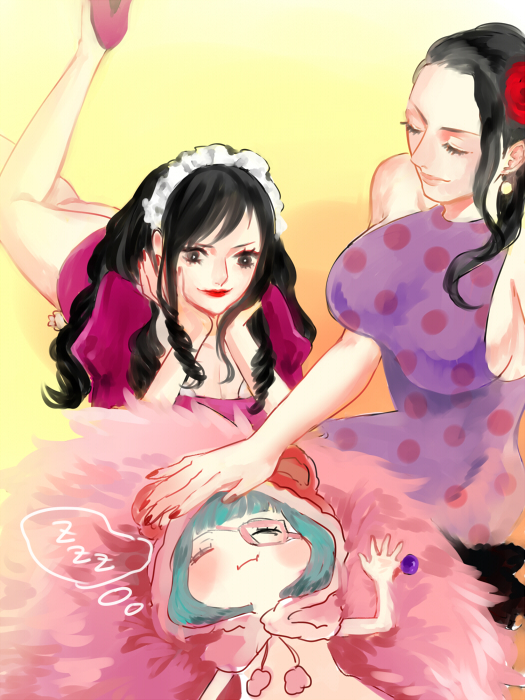 3girls, baby_5, black_hair, donquixote_pirates, dress, dressrosa, multiple_girls, one_piece