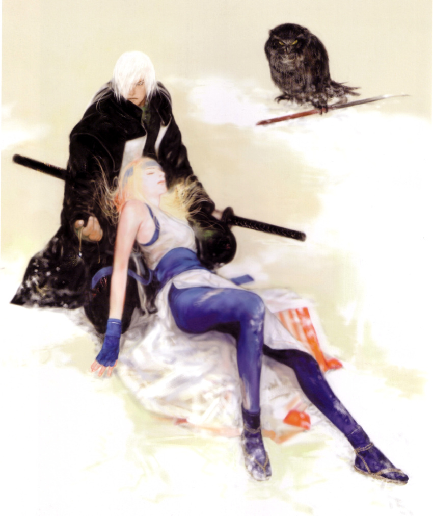 1girl, absurdres, bird, blonde_hair, brother_and_sister, headband, highres, japanese_clothes, jewelry, katana, last_blade, necklace, official_art, owl, senno_aki, setsuna_(last_blade), sheath, sheathed, siblings, snk, sword, weapon, white_hair, yuki_(last_blade)