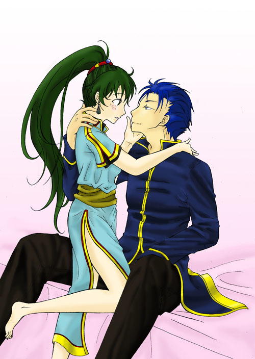 1boy, 1girl, barefoot, blue_eyes, blue_hair, blush, dress, fire_emblem