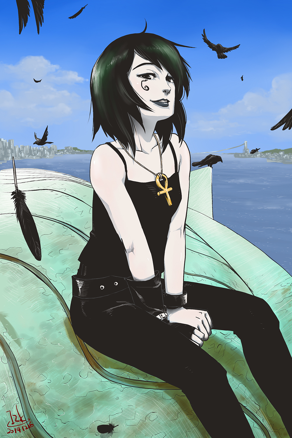 10s, 1girl, 2014, ankh, bird, black_eyes, black_hair, black_lipstick, black_pants, bracelet, bridge, camisole, crow, dated, dc_comics, death_(dc), death_(entity), jewelry, lipstick, makeup, new_york, outdoors, pale_skin, pants, sitting, solo, statue_of_liberty, studded_bracelet, the_sandman