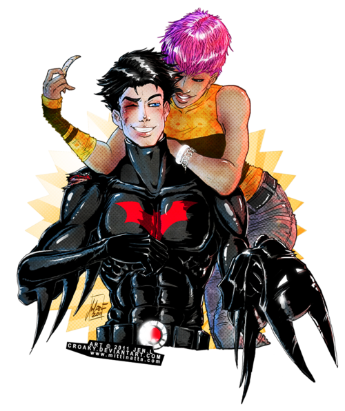 1boy, 1girl, arm_warmer, armor, bandage, batman, batman_(series), batman_beyond