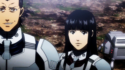 1boy, 1girl, akita_nanao, animated, animated_gif, black_eyes, blood, cockroach_(terra_formars), death, insect, komachi_shokichi, terra_formars