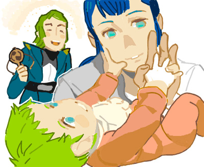 baby, bes_jordan, blue_hair, densetsu_kyojin_ideon, family, green_hair, karala_ajiba, lowres, messiah_(ideon), sarmatamra, spoilers