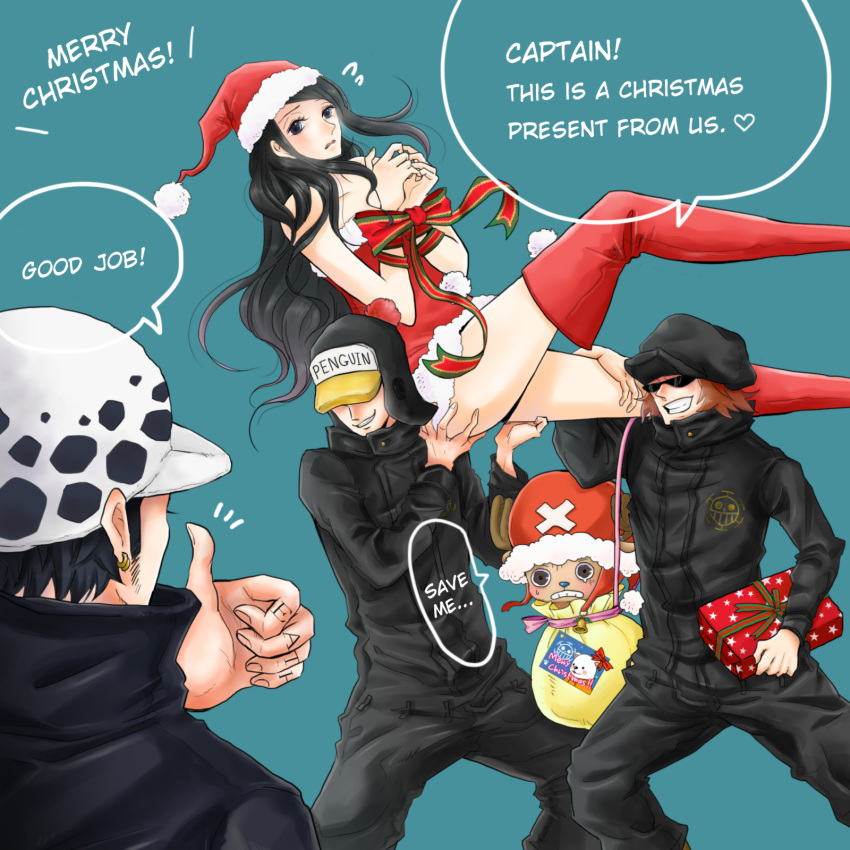 1girl, bdsm, black_hair, bondage, bound, bound_wrists, box, carrying, christmas, gift, gift_box, grin, hard_translated, hat, heart_pirates, highres, legs, long_hair, nico_robin, one_piece, penguin_(one_piece), red_legwear, restrained, shachi_(one_piece), smile, thighs, thumbs_up, tony_tony_chopper, trafalgar_law, translated, yuri_(wakayuri)