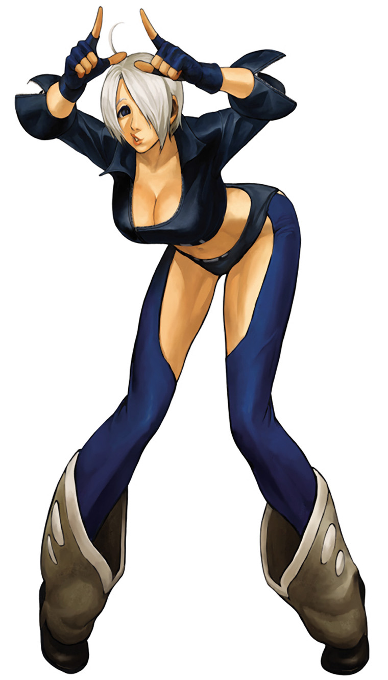 angel_(kof), bent_over, breasts, chaps, cleavage, fingerless_gloves, gloves, highres, king_of_fighters, king_of_fighters_2001, midriff, nona, official_art, short_hair, snk, tomoyuki_kotani, white_hair