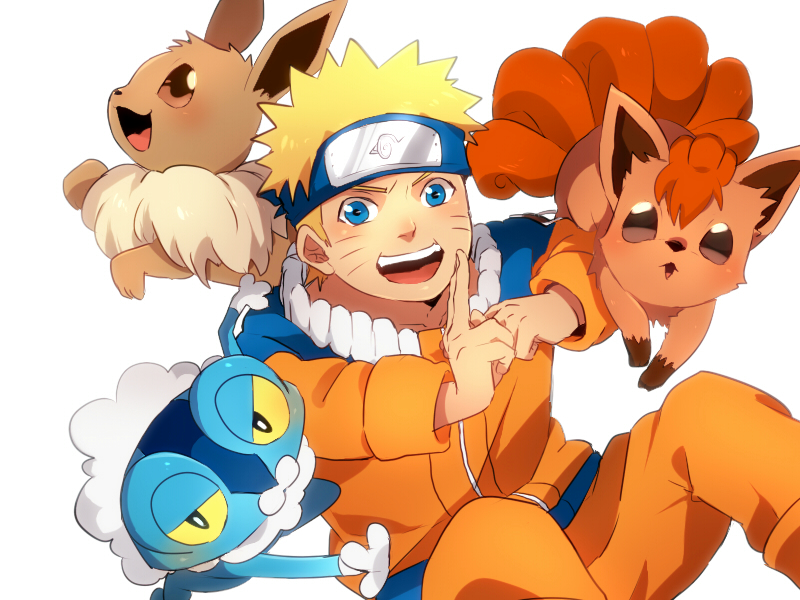 1boy, blonde_hair, blue_eyes, crossover, eevee, froakie, headband, naruto