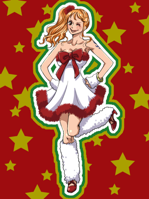 1girl, bare_shoulders, brown_eyes, christmas, dress, fur_trim, hand_on_hip, kuri_(pienu)