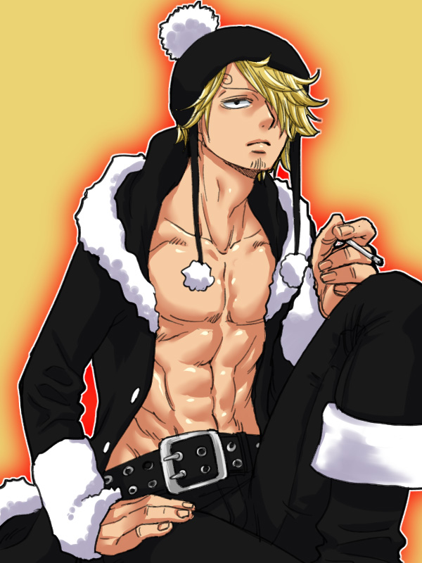 1boy, abs, belt, blonde_hair, chest, cigarette, facial_mark, fur_trim
