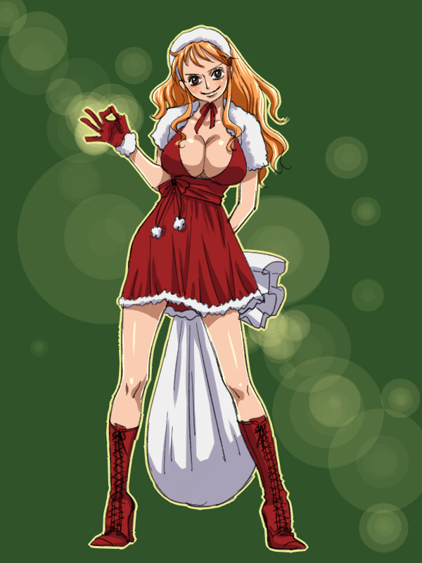 1girl, breasts, brown_eyes, christmas, fur_trim, gloves, kuri_(pienu), long_hair