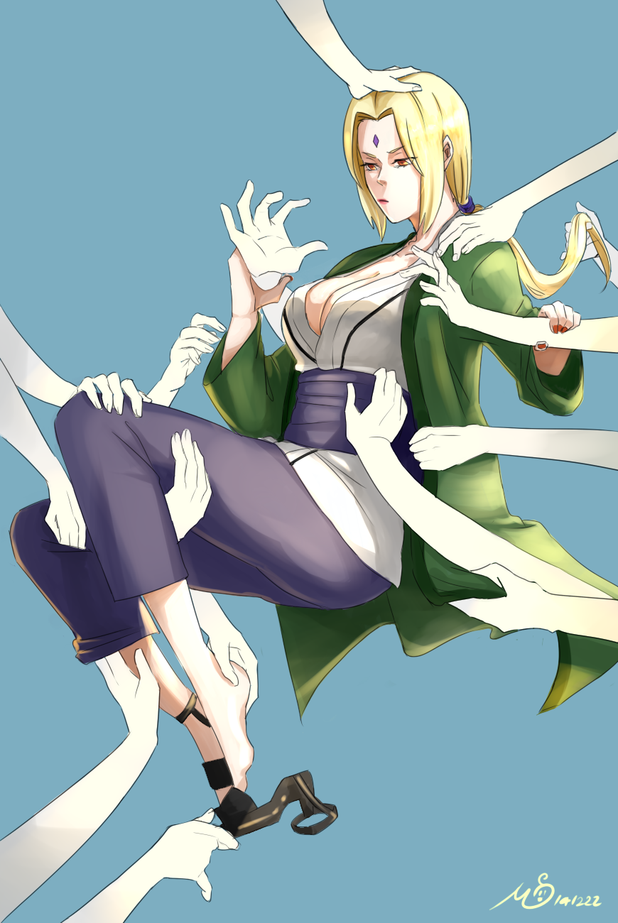 10s, 1girl, 2014, blonde_hair, breasts, cleavage, dated, facial_mark, forehead_mark, groping, hand_on_head, may_c_(lovemeiko), molestation, naruto, tsunade