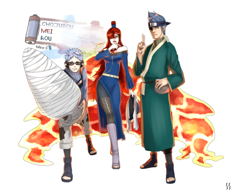 1girl, 2boys, ao_(naruto), artist_name, blue_hair, brown_hair, character_name, chojuro_(naruto)