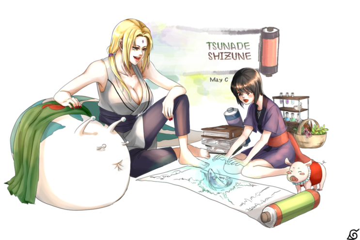 2girls, artist_name, black_hair, blonde_hair, breasts, character_name, cleavage, facial_mark