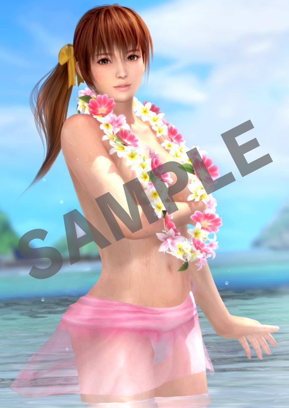 3d, alternate_costume, beach, breasts, dead_or_alive, dead_or_alive_5, dead_or_alive_5_last_round, kasumi_(doa), lei, official_art, poster, tagme, tecmo, topless