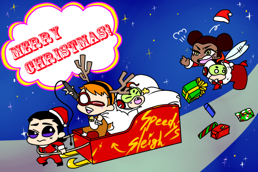 1girl, 4boys, antlers, aqua_lad, black_hair, box, brothers, bumble_bee