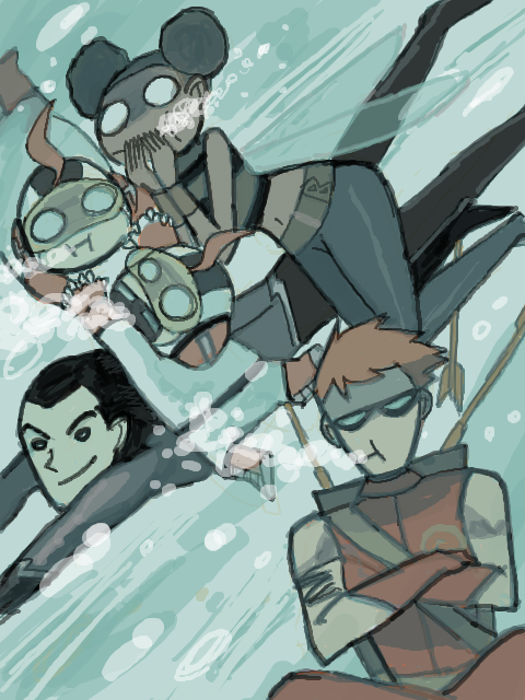 1girl, 4boys, aqua_lad, arrow, black_hair, bodysuit, brothers, bubble