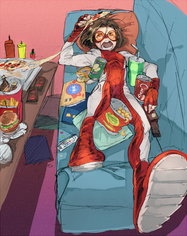1boy, bag, bart_allen, blue_upholstery, bodysuit, brown_hair, bucket, can, candy, chips, coca-cola, controller, couch, cup, dc_comics, eating, fingerless_gloves, flash_(series), food, french_fries, gloves, goggles, hamburger, impulse, indoors, lying, male_focus, mask, mustard, on_back, open_mouth, pizza, red_shoes, remote_control, shoes, soda, solo, straw, table, yellow_eyes, young_justice