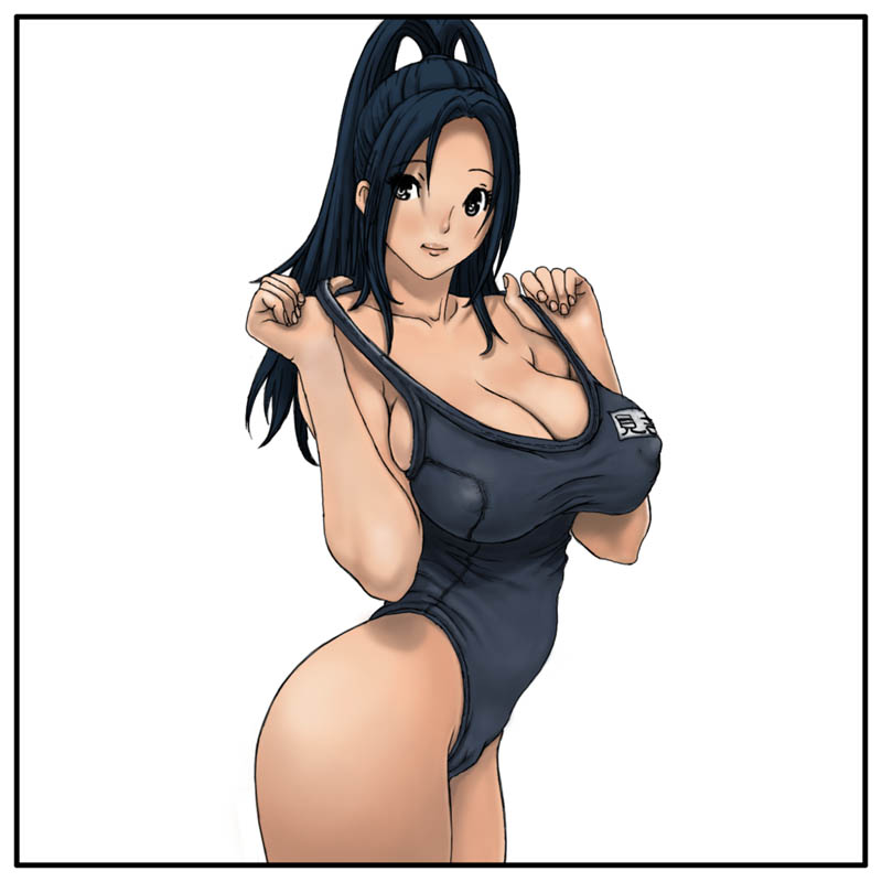 1girl, alternate_hair_color, bakuman, black_hair, breasts, cleavage, erect_nipples, grey_eyes